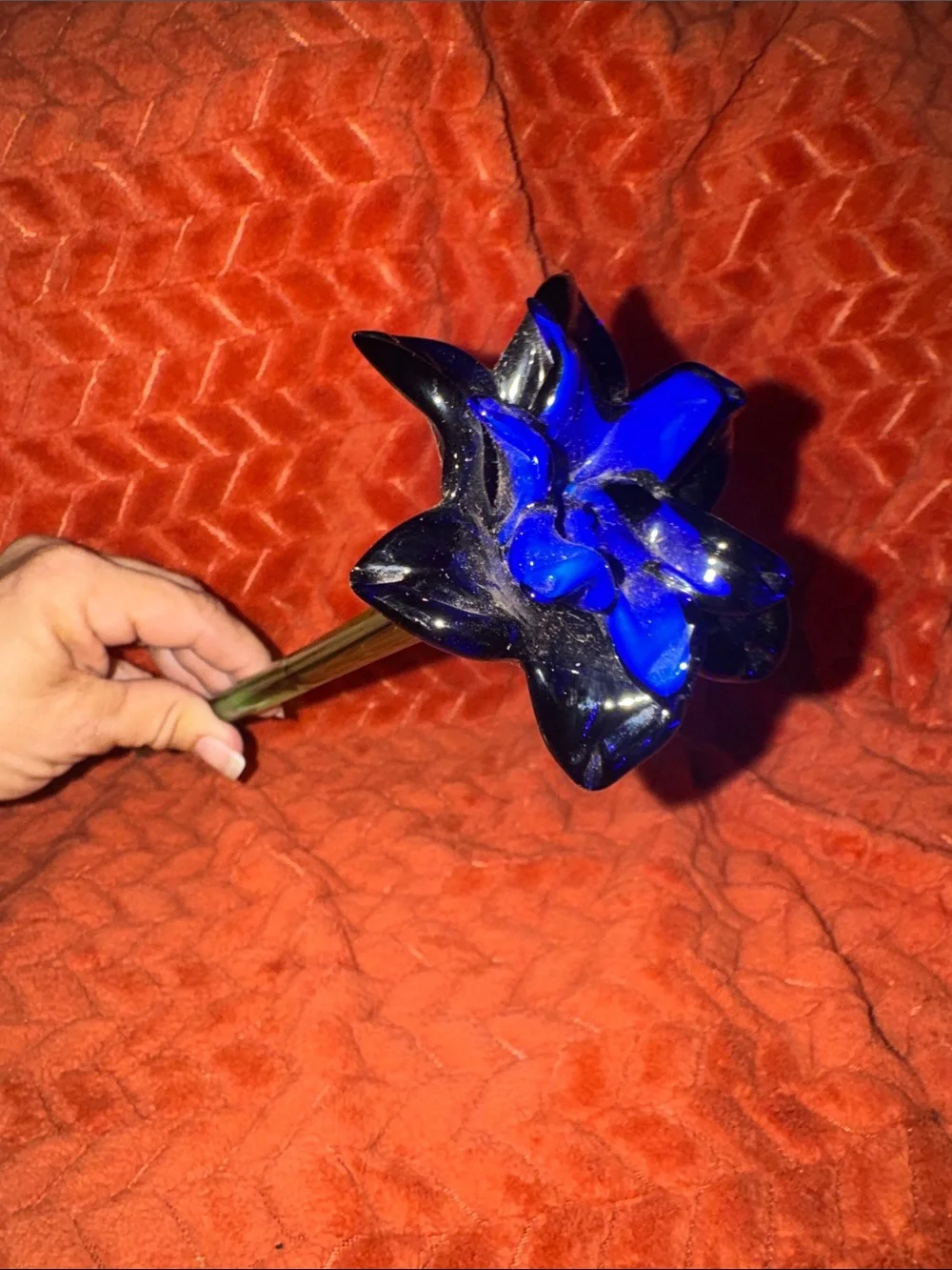 Exquisite Hand-Blown Art Glass Flower Sculpture | Deep Blue & Black Floral Art